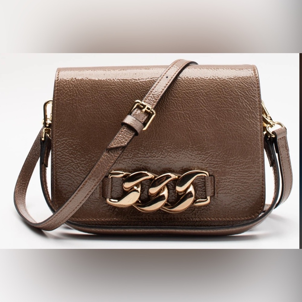 INNUE' Patent Leather Flap Crossbody Bag Chain Trim Detachable Strap NWT